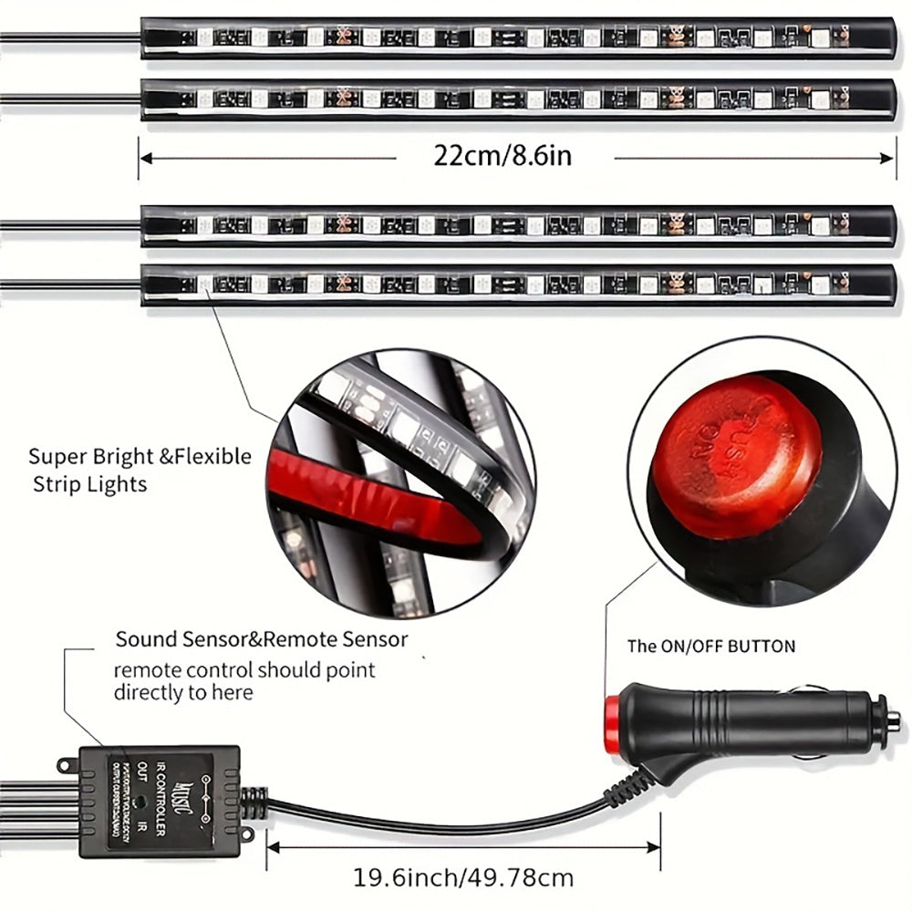 Auto LED RGB Interior Atmosphere Strip Light, Decorative Foot Lamp with USB, Wireless Remote, Music Control, and Multiple Modes