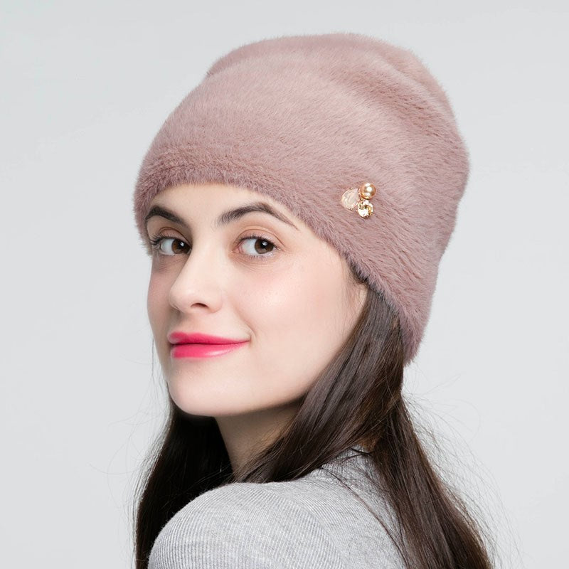 Imitation Mink Knit Wool Hat Women Rhinestone Fashion