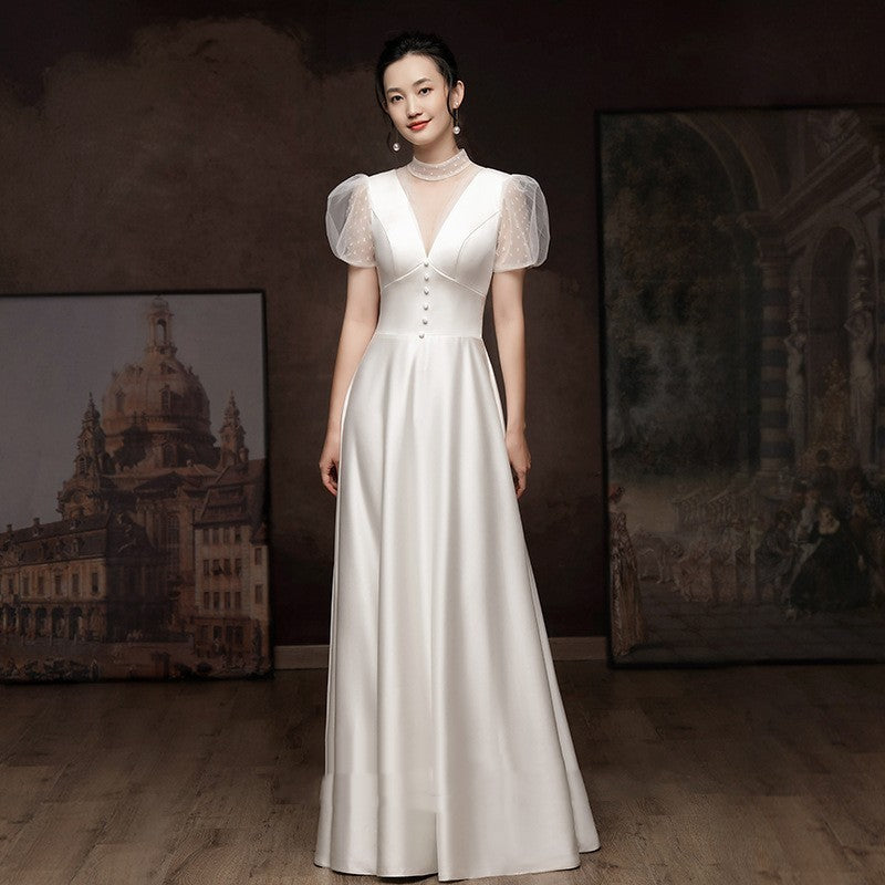 Elegant White French Satin Light Engagement and Wedding Dress for Women