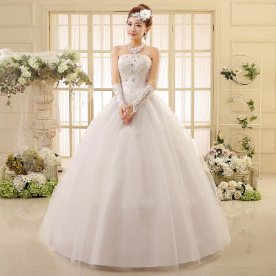 Korean Style Tube Top Lace Wedding Dress with Long Trailing Skirt