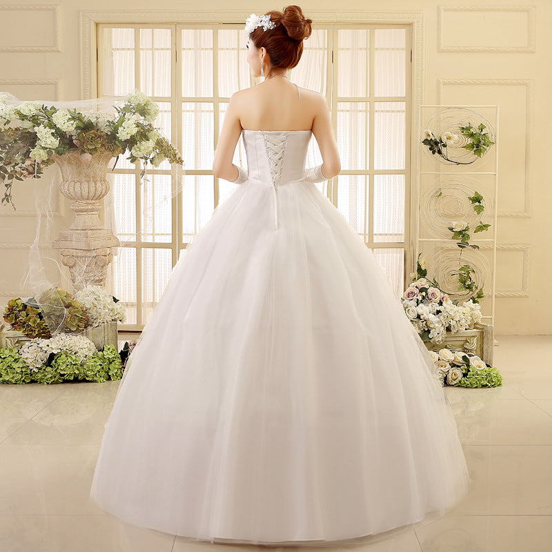 Korean Style Tube Top Lace Wedding Dress with Long Trailing Skirt