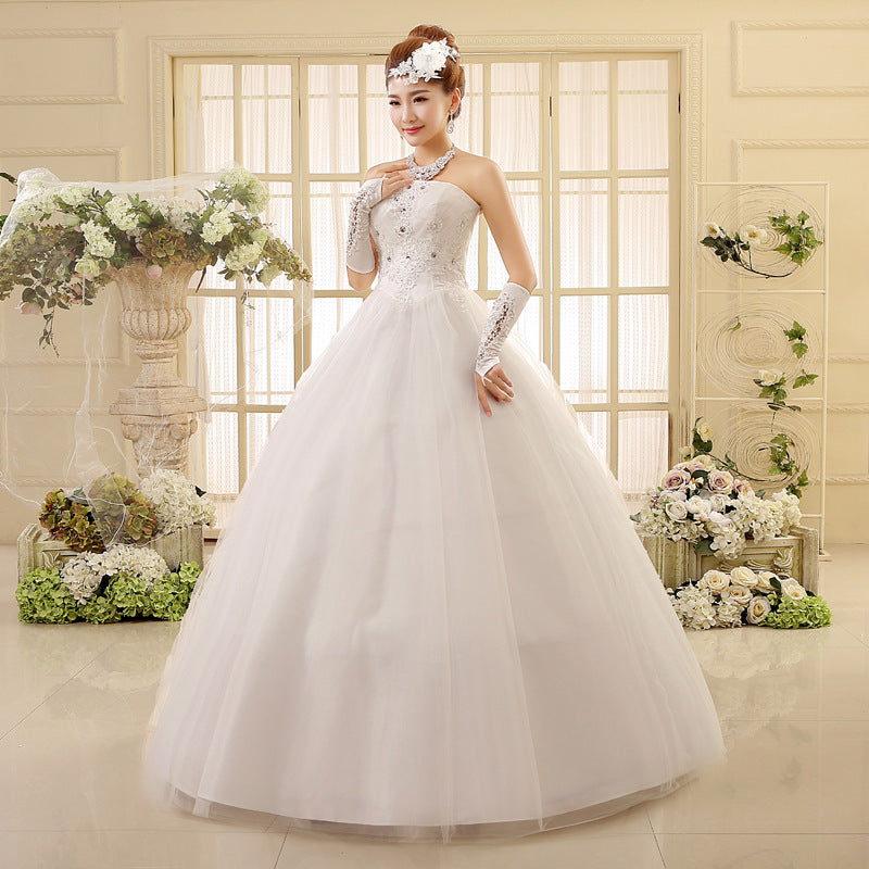 Korean Style Tube Top Lace Wedding Dress with Long Trailing Skirt