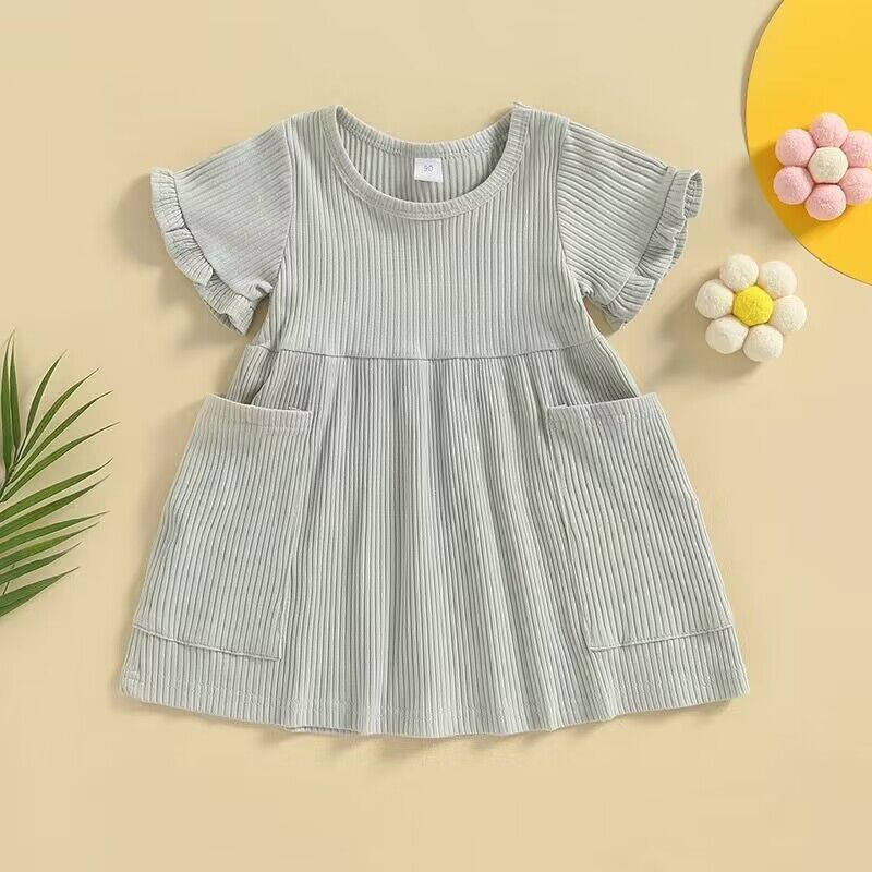 Girls' Sunken Stripe Cotton Short Sleeve Dress Round Neck Solid Color A- Line Skirt