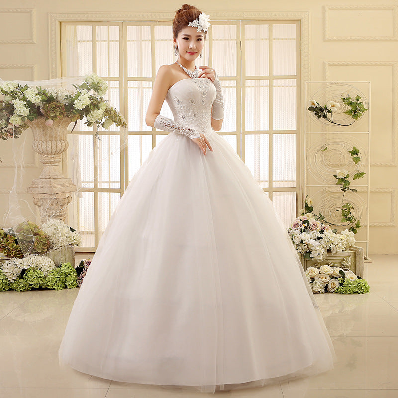 Korean Style Tube Top Lace Wedding Dress with Long Trailing Skirt