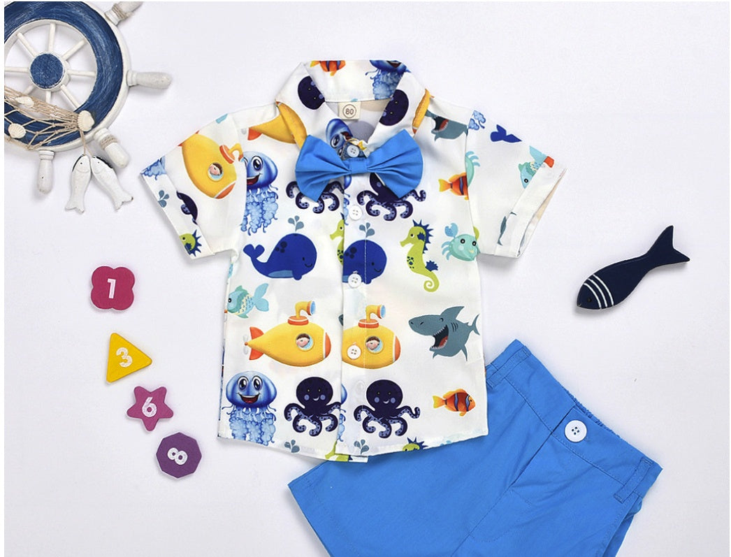 Toddler Boys Gentleman Outfit Set – Short Sleeve Cartoon Bow Tie Shirt with Solid Shorts (Infant Kids Fashion Set)