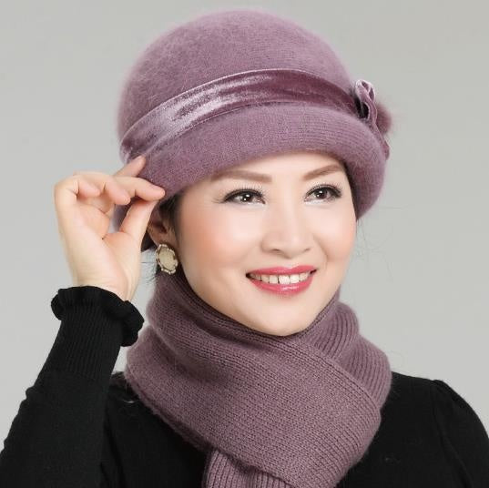 Rabbit Fur Blended Ribbon Hat for Middle-aged and Elderly Ladies