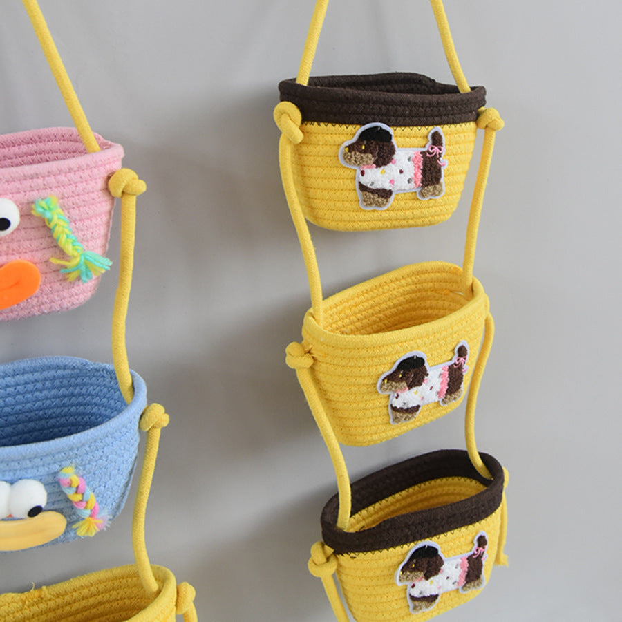 3-Layer Hanging Woven Storage Basket – Cute Cartoon Design