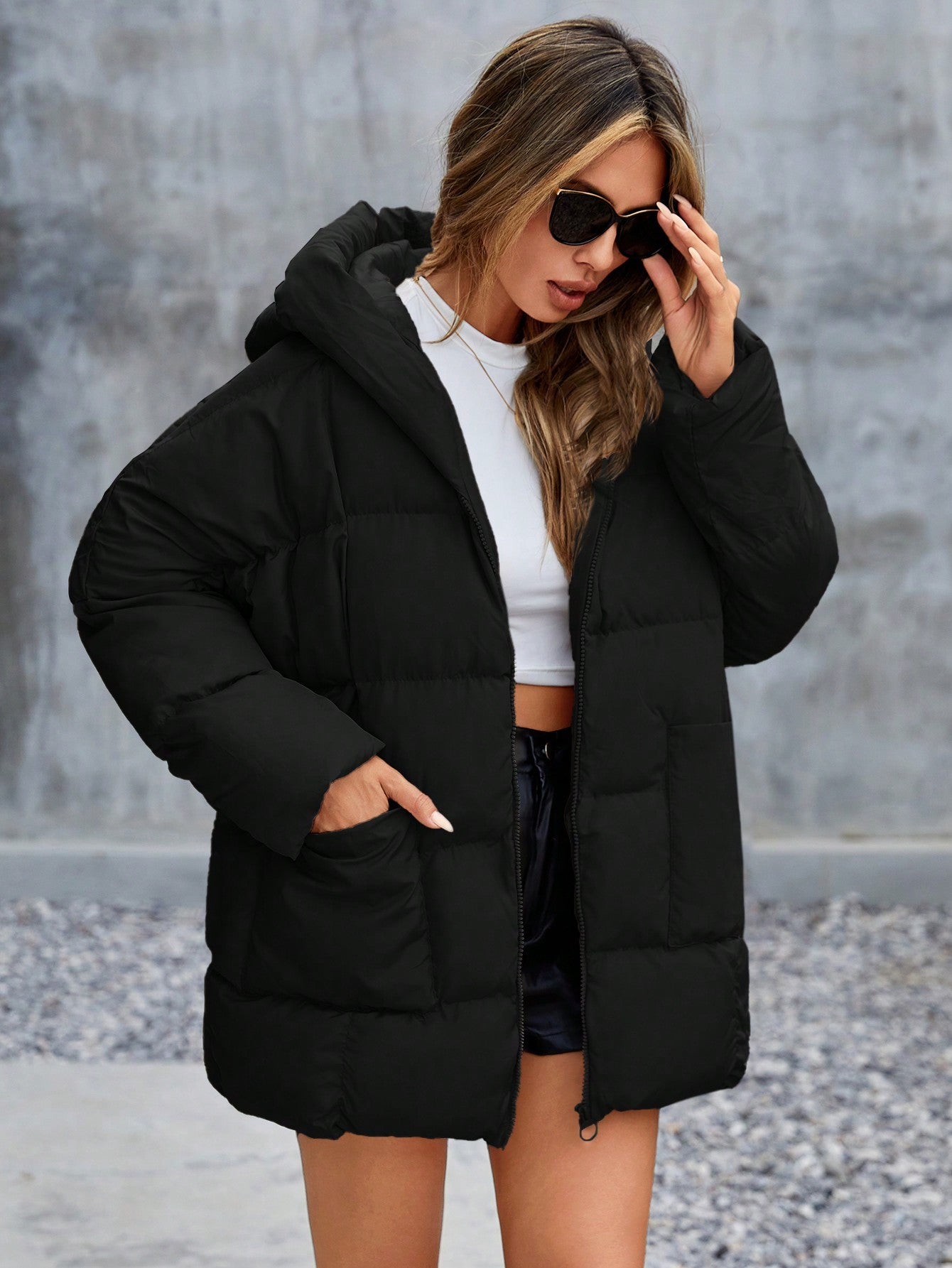 RueChic Zipper Closure Hooded Padded Jacket