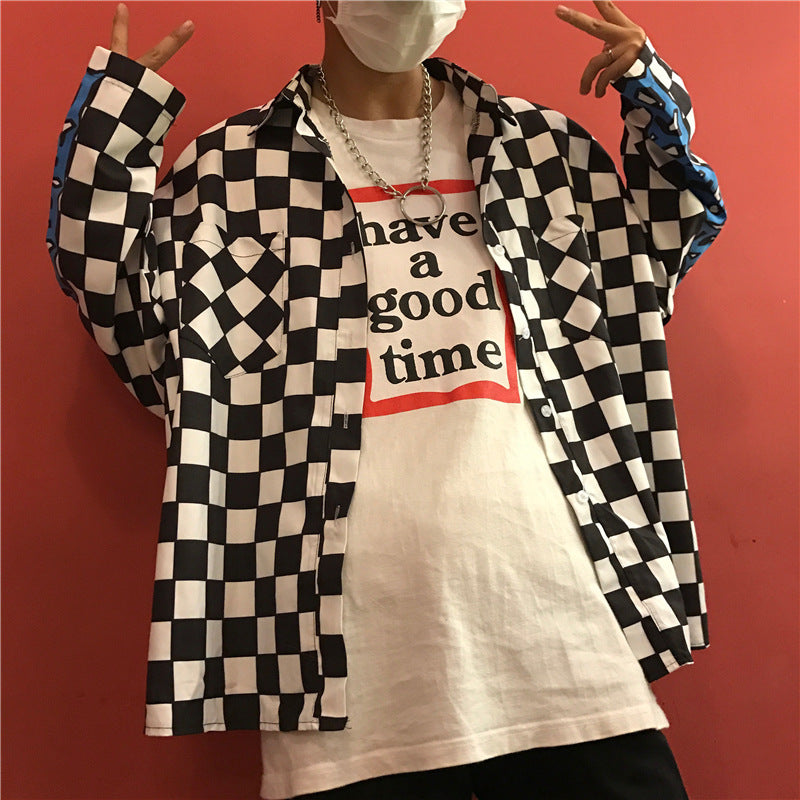 Back Flame Black And White Plaid Shirt Jacket For Men And Women