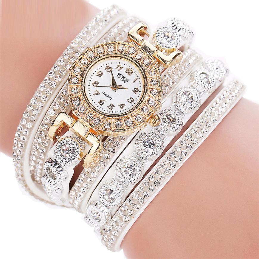 Fashion Luxury Women's Quartz Rhinestone PU Leather Bracelet Watch