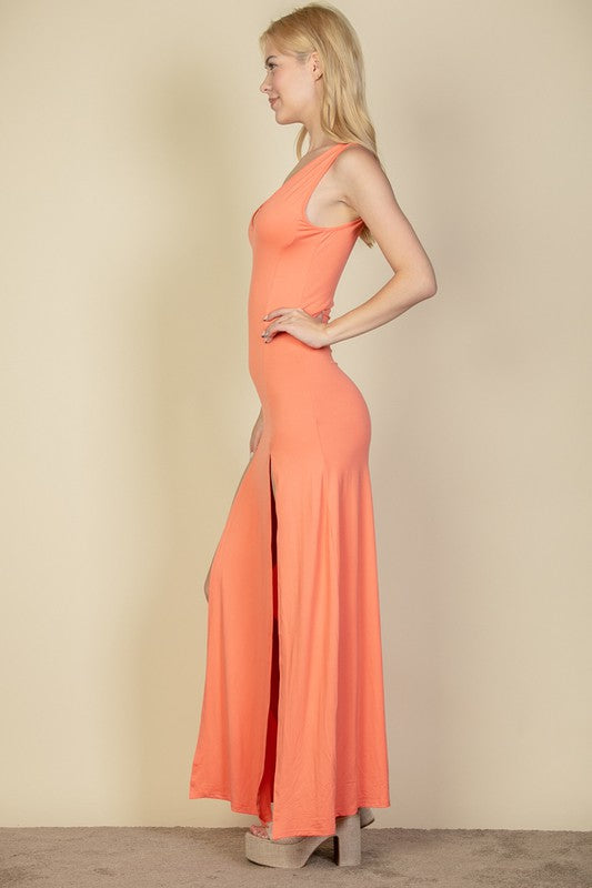 Plunge Neck Thigh Split Dress