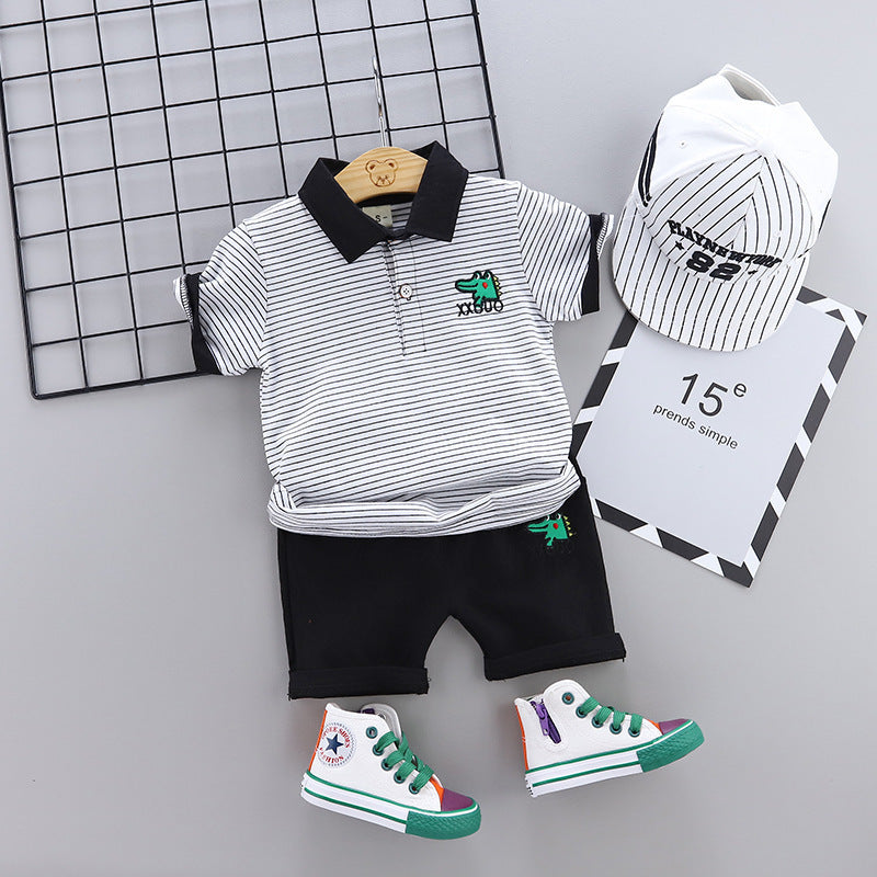 Two-Piece Cartoon Short-Sleeved Striped Polo Shirt