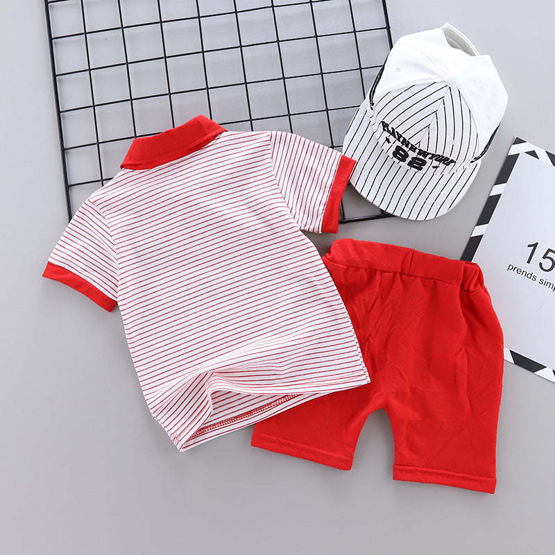 Two-Piece Cartoon Short-Sleeved Striped Polo Shirt