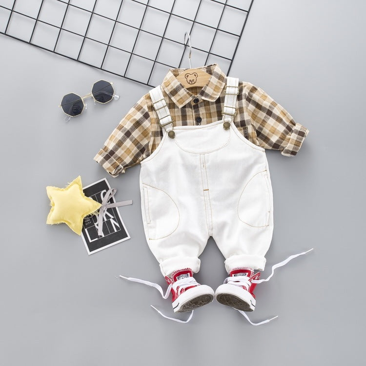 Children’s Long-Sleeved Plaid Shirt with Denim Strap Coverall