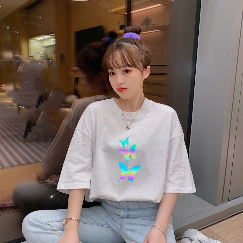 Butterfly Print Loose Short Sleeve T-Shirt Top Women