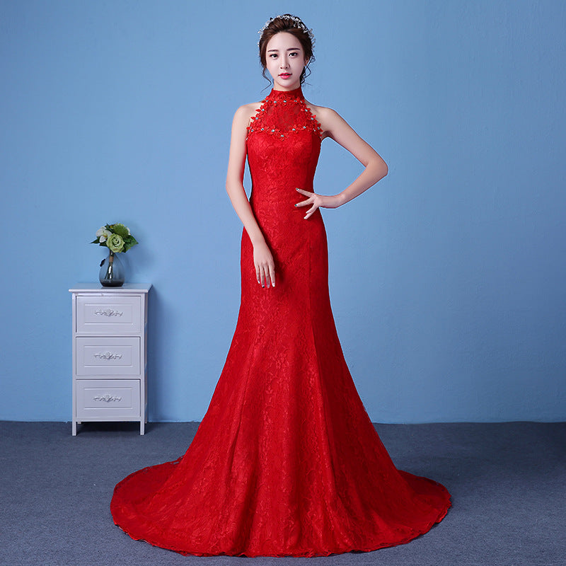 Large Size Red Korean-Style Fishtail Wedding Dress with Hanging Neck