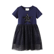 Short Sleeve Fashion Girls Knitted Top Dress Mesh Princess Dress