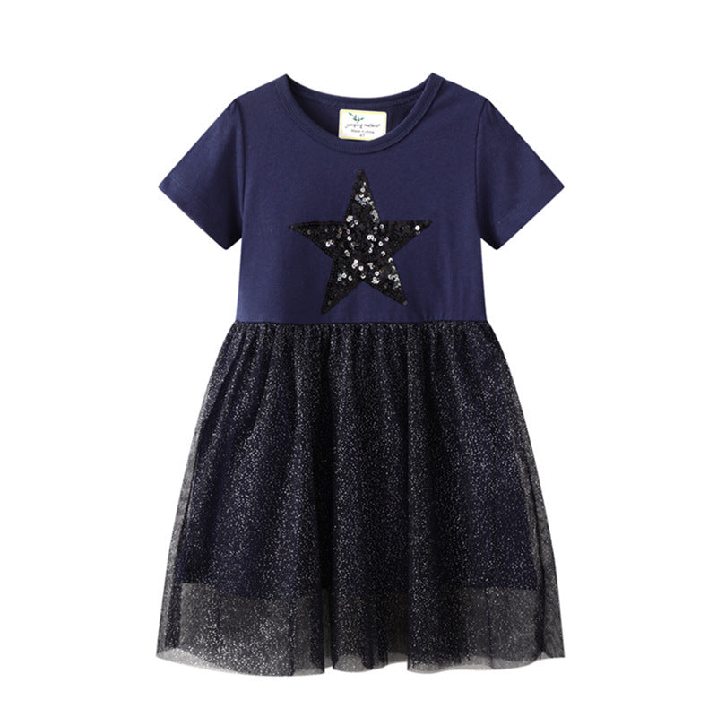 Short Sleeve Fashion Girls Knitted Top Dress Mesh Princess Dress