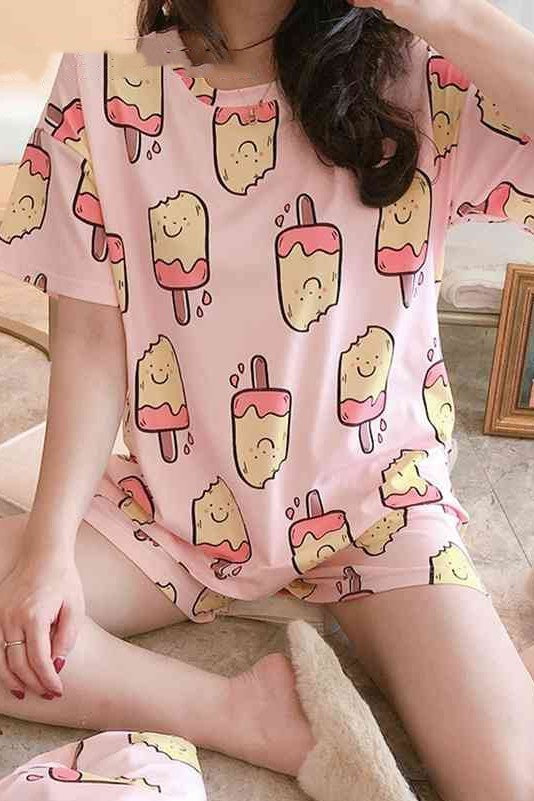 Women's Short Sleeve Cotton Sleepwear Relaxed Bear Pattern