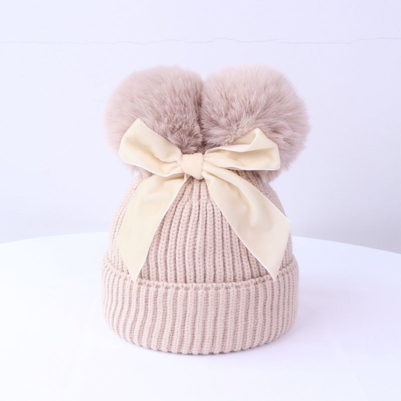 Double Ball Bow Knit Hat For Thick And Warm