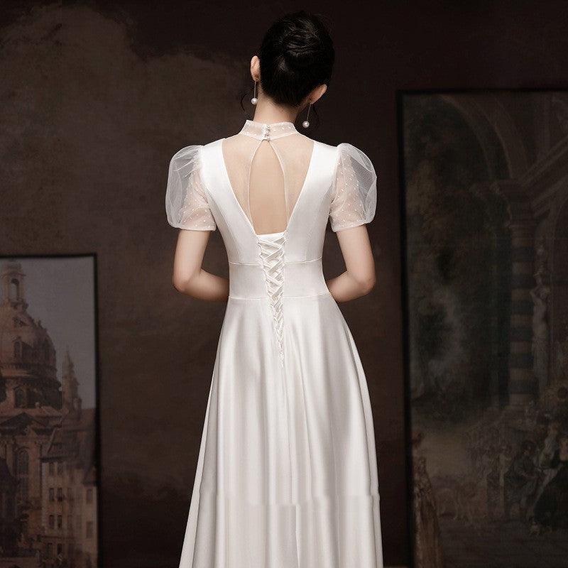 Elegant White French Satin Light Engagement and Wedding Dress for Women