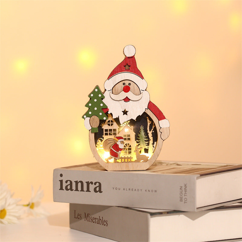 Merry Christmas Gift LED Luminous Santa Claus Snowman Shape Wooden Ornaments