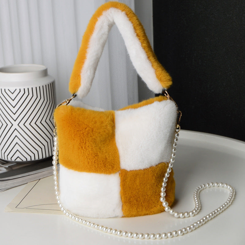 Women's Plush Checkerboard Bucket Bag With Pearl Chain