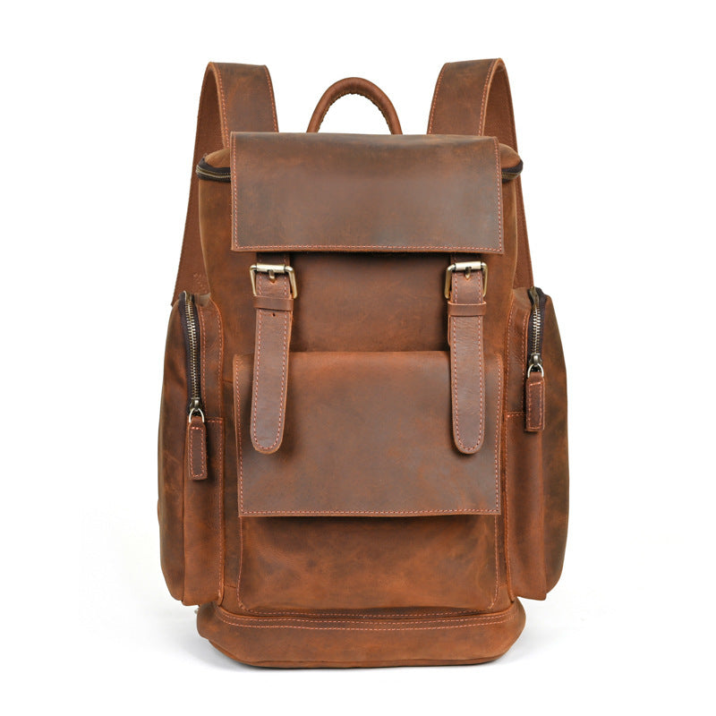 Mens Crazy Horse Leather Backpack Solid Color Cowhide Bag