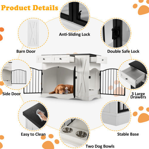 GO 43.3 Farmhouse Dog Crate Furniture, Heavy Duty Dog Crate With 3 Drawers, Indoor Wooden Dog Kennel With Removable Feeder, Dog Cage End Table For Medium Large Dogs, White
