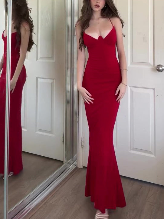 Women's Red Slim Fit V Neck Maxi Dress Polyester Evening