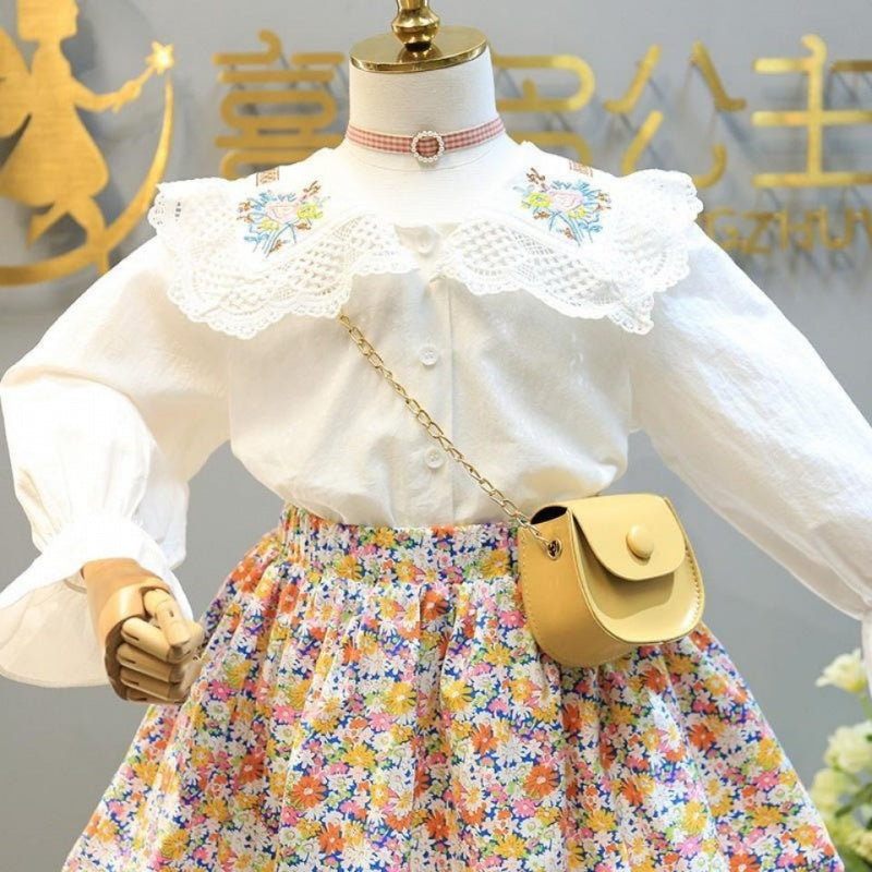 Embroidered Shirt Western Style Floral Half Skirt Children's Twopiece Suit