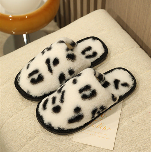 Unisex Leopard Print Suede Slippers With Warm Cotton Lining