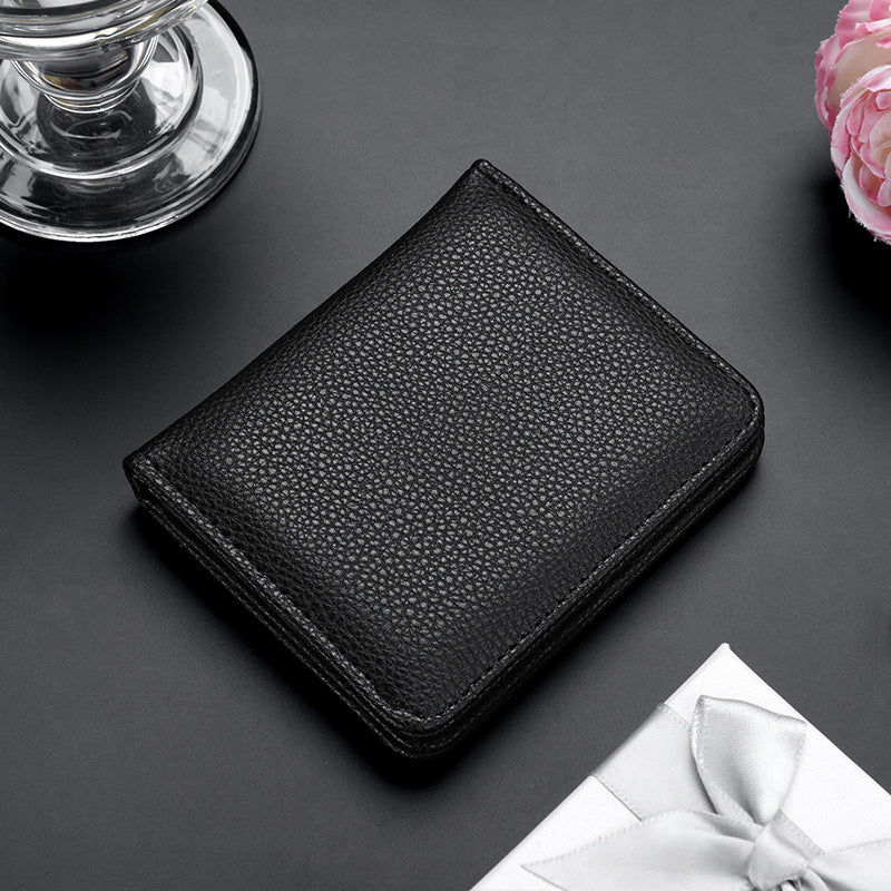 Unisex Lychee Pattern PU Leather Compact Short Wallet Slim