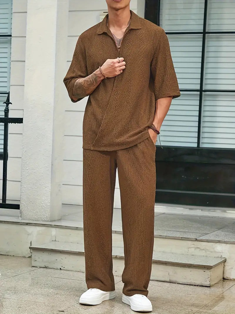 Set Pants Commuter Casual Fir Sheean V-neck Lesh Laueyn Gearr Set Daa-piece Briwnyn Corrugated