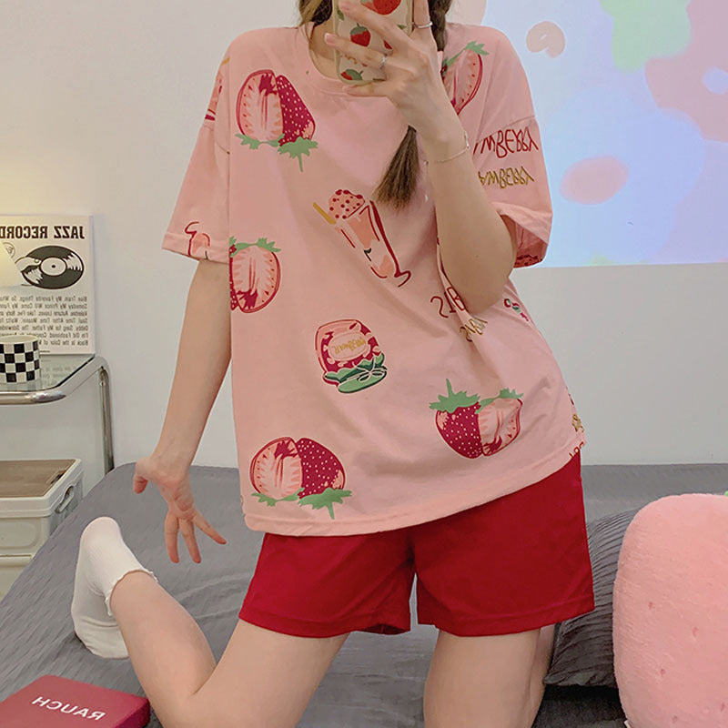 Unisex Milk Silk Short Sleeve Cartoon Shorts Relaxed Fit