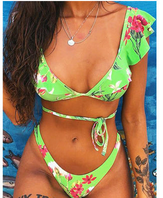 Yellow Floral High Elasticity Two-Piece Bikini Set – Backless Retro Swimwear