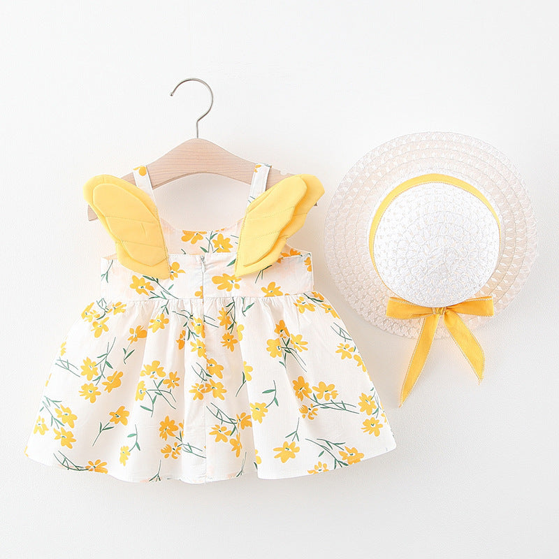Summer New Girl's Big Dot Wings Princess Dress Hat Beach Dress