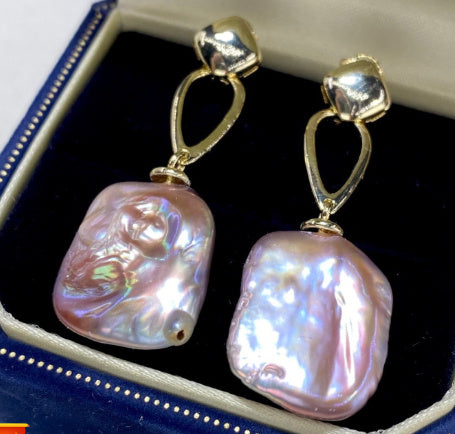 Colorful French Retro Natural Square Baroque Shaped Pearl Stud Earrings