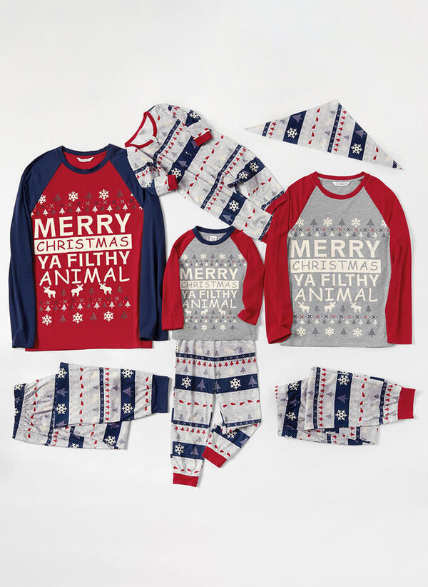 Christmas Parent-child Letter Print Round Neck Color-blocking Family Suit