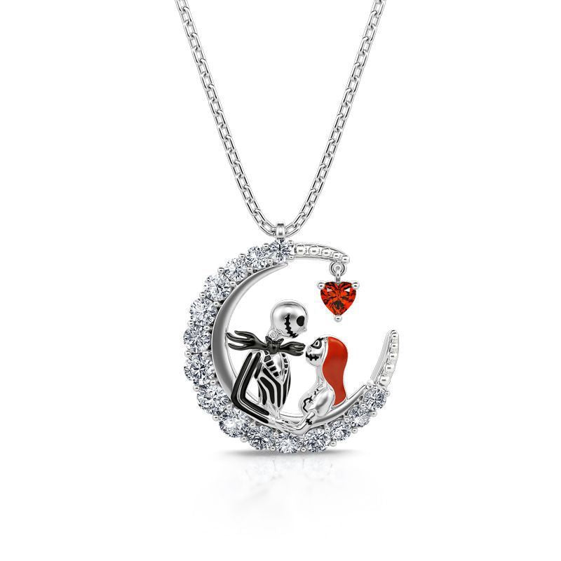 Halloween Moon-Shaped Skull Necklace – Rhinestone Couple Clavicle Pendant Jewelry for Men and Women