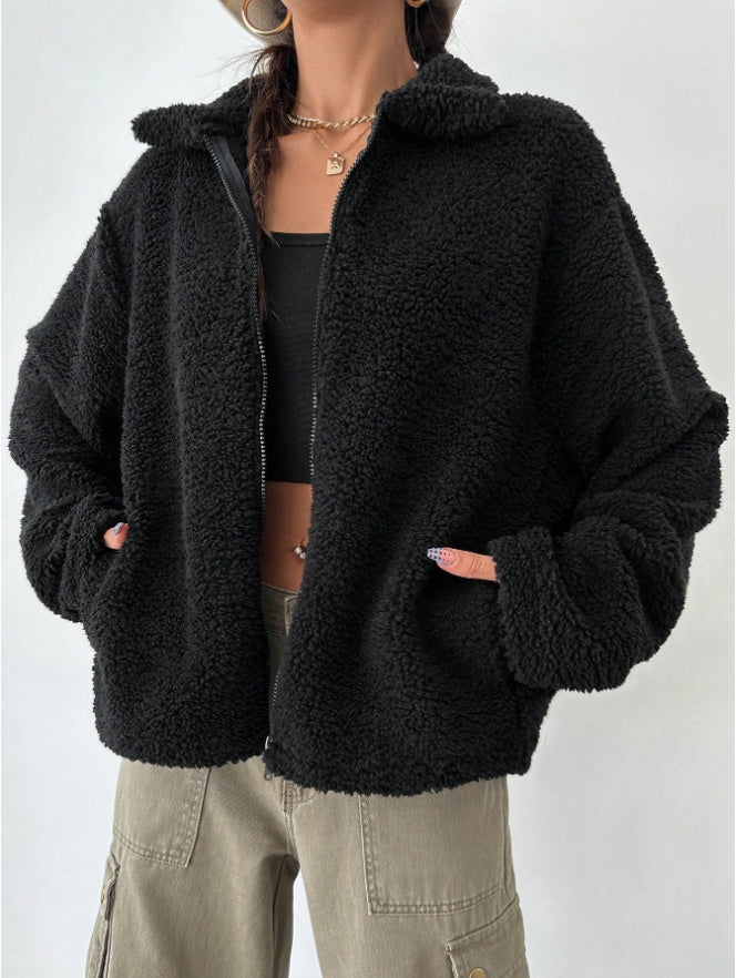 Women's Regular Fit Teddy Fleece Drop Shoulder Jacket
