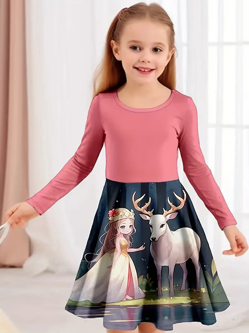 Girl's Long-sleeved Dress Christmas Deer
