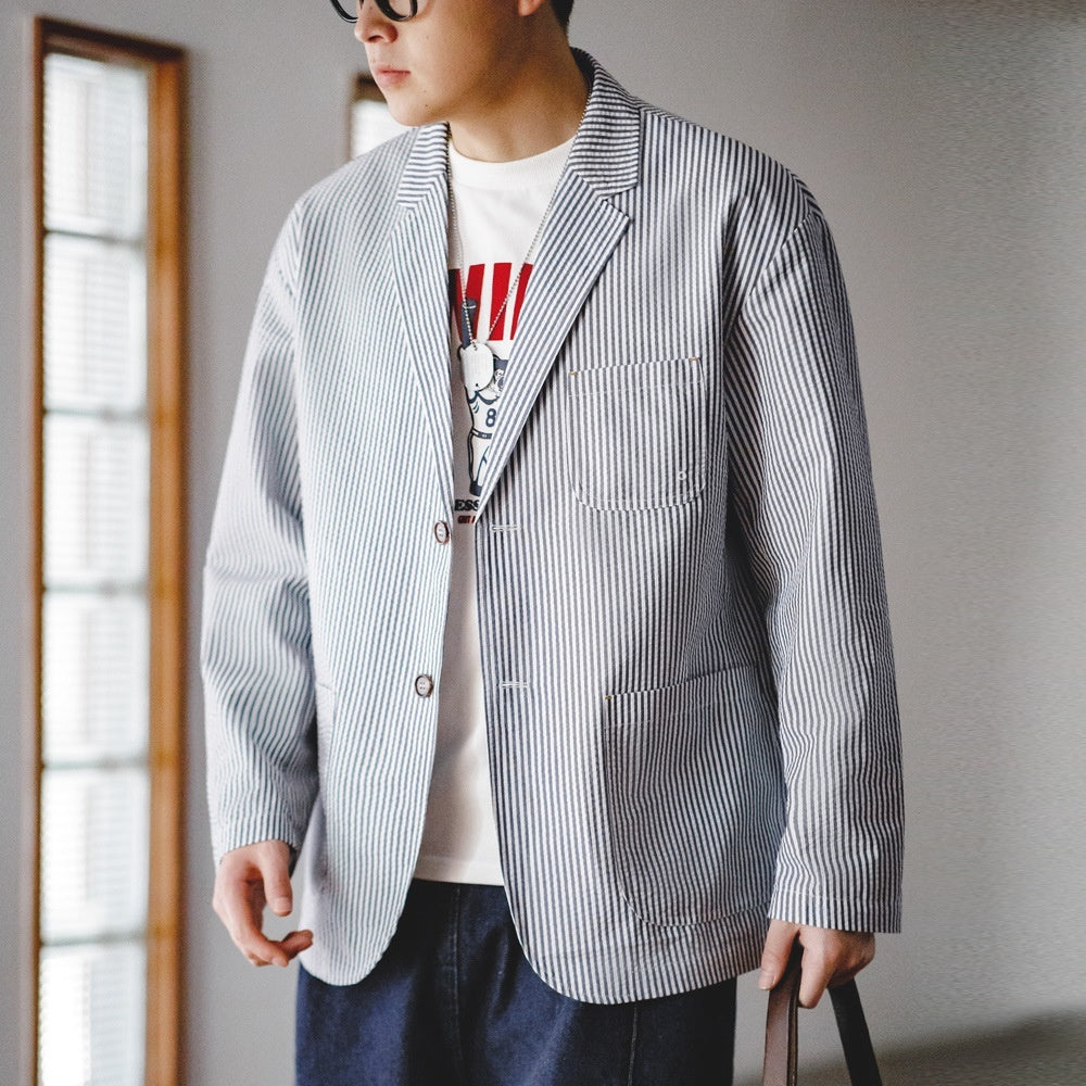 Seersucker Striped Blazer Flat Collar