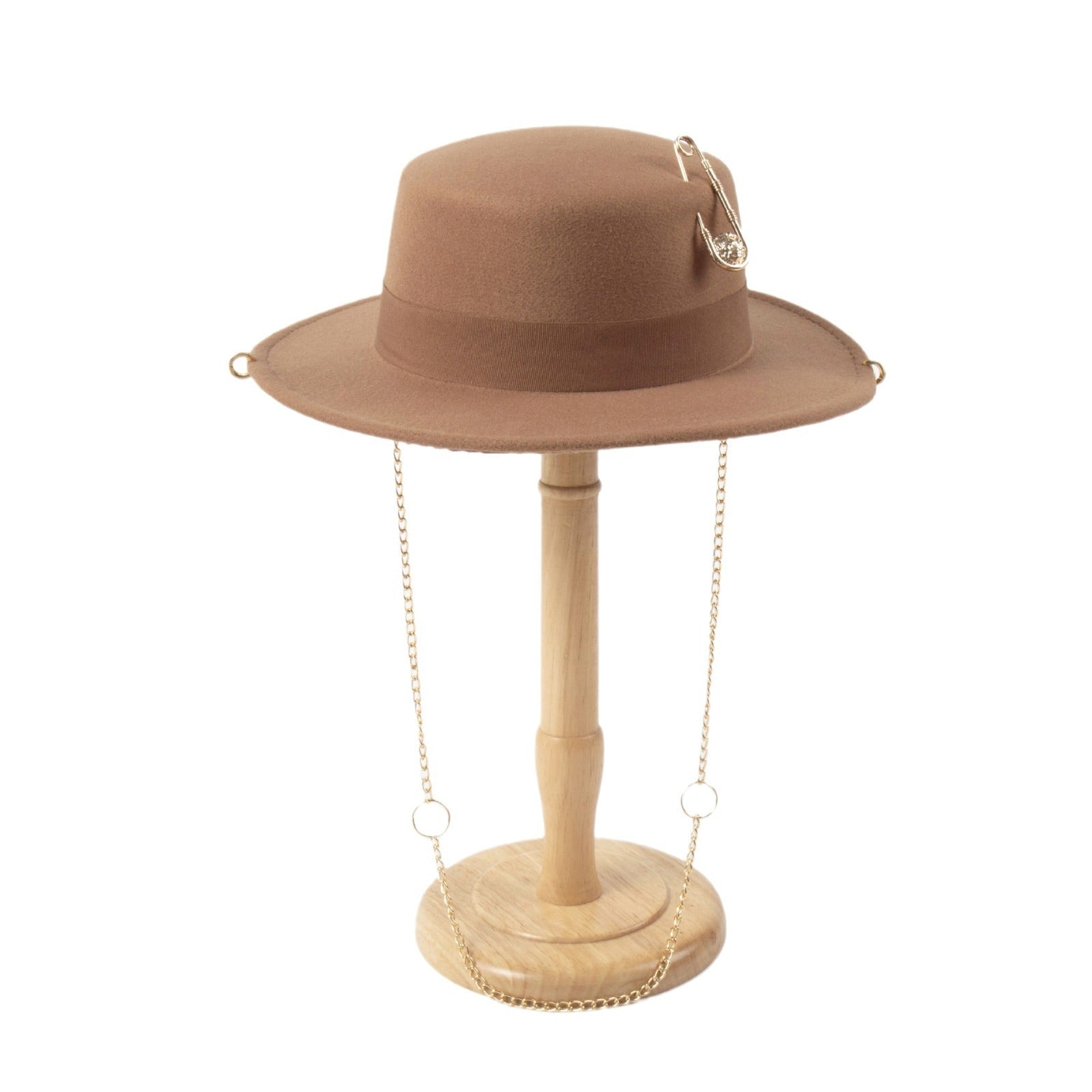 Handmade Woolen Flat Top Women’s Felt Cap with Pin Chain Decoration