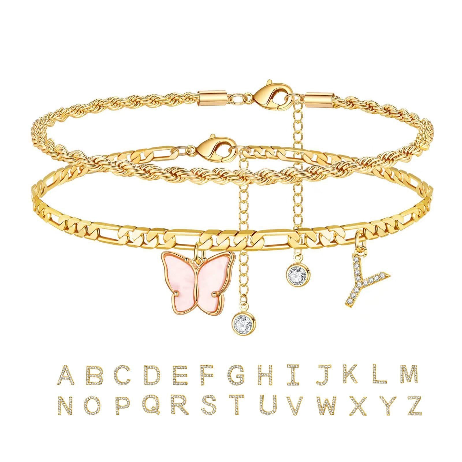 Women’s Double-Layer Stainless Steel Butterfly Letter Stack Anklets