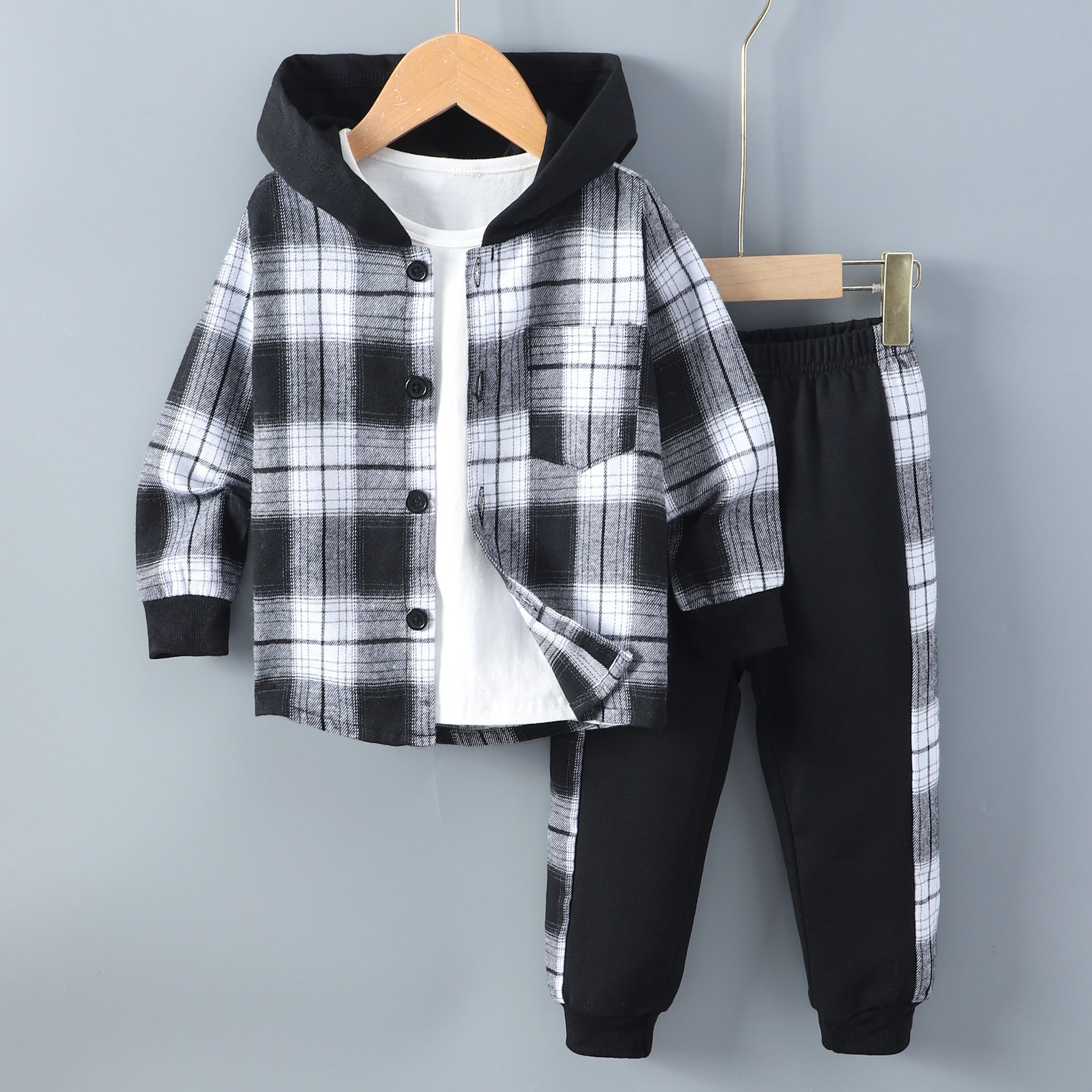 Hooded Plaid Polyester Two Piece Kids Set Regular Fit
