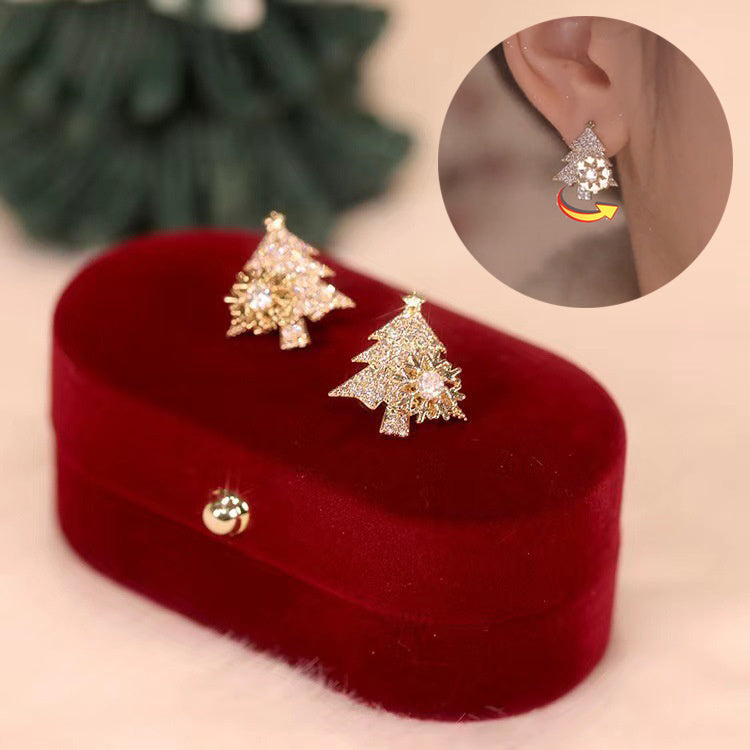 Rotatable Christmas Tree Earrings with Rhinestone Snowflake Studs Holiday Festival Jewelry Gifts for Women