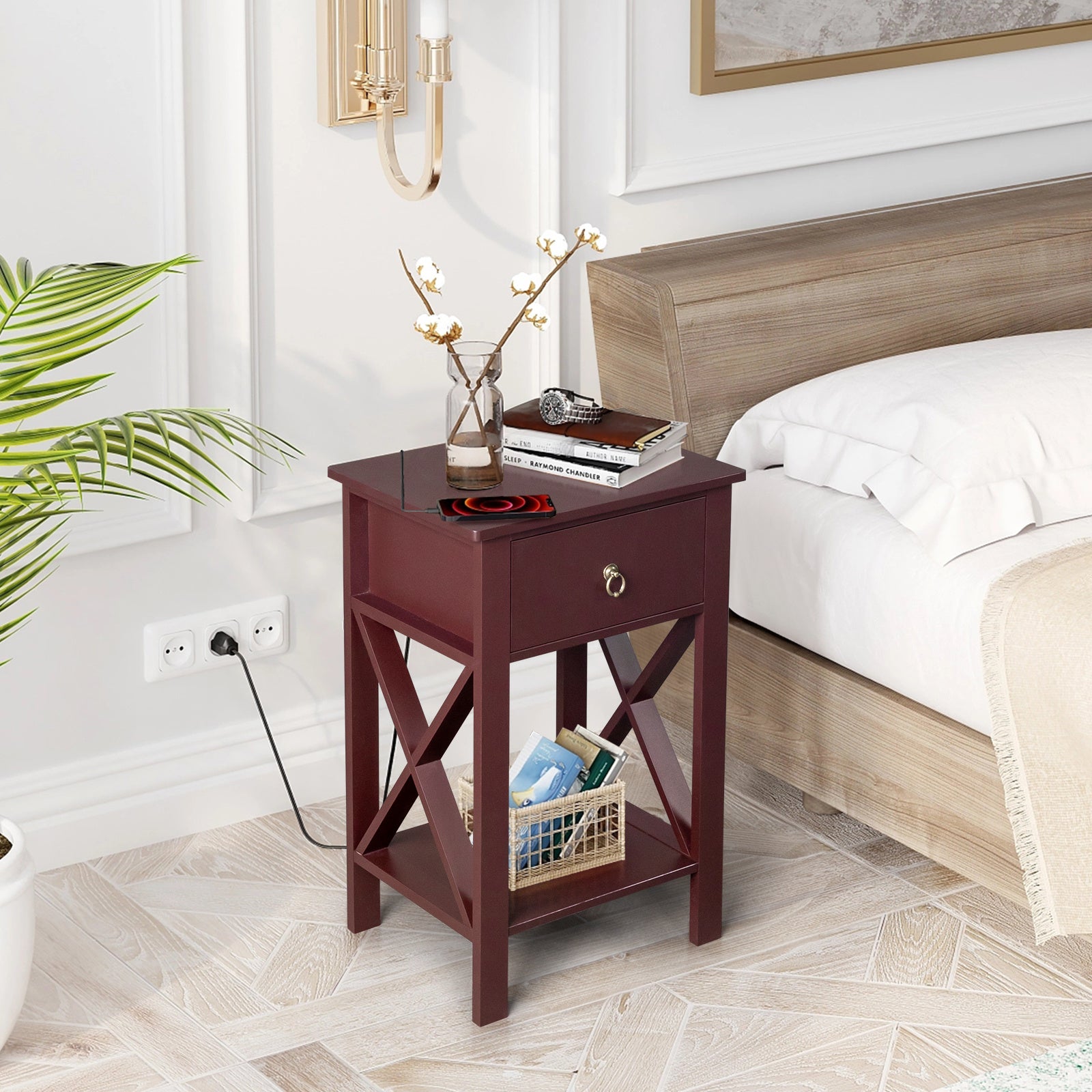 Brown P2 Grade Density Board Spray Paint, Side Cross Type, One Drawer Bedside Cabinet 2pcs