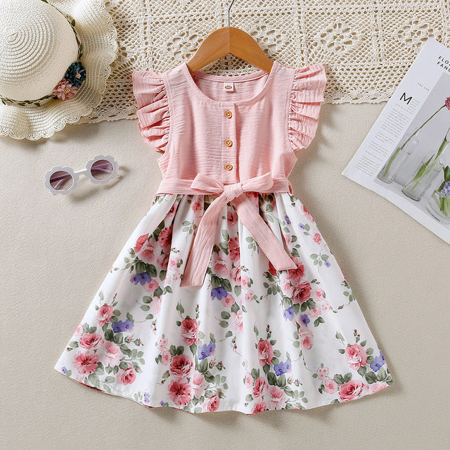 Children's Summer Spring And Summer Lace Sleeve Floral Princess Dress Free Lace-up