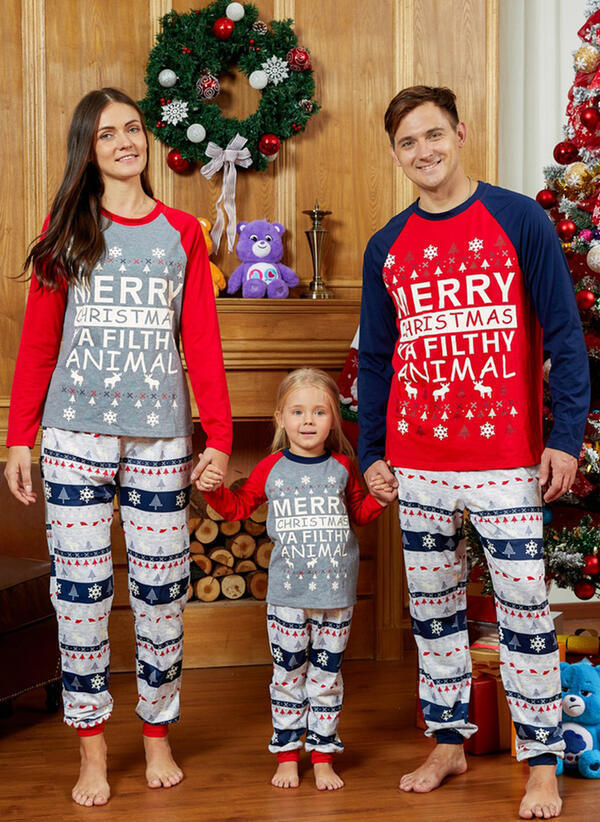 Christmas Parent-child Letter Print Round Neck Color-blocking Family Suit